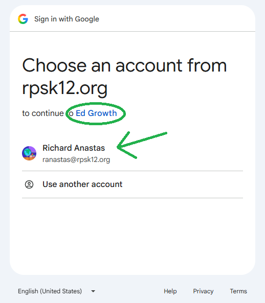 Google account picker showing an example rpsk12.org account