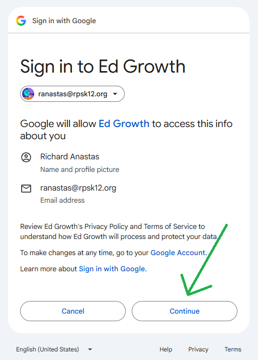Google permission screen with Continue highlighted